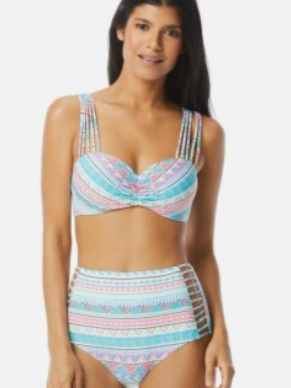 Coco Reef 38D Large Tribal Multi-Color Striped High-Waist Swim Bikini Set